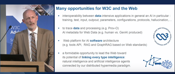 Sanpshot of the video recording of Fabien Gandon presenting the slide 'Many opportunities for W3C and the Web'