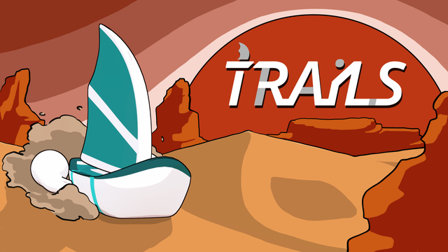 2d Keyart of our game TRAILS. A white sailing ship with a turquoise sail is moving over the dunes of a stylized desert, leaving a dust trail behind it. The red mountains in the background are lit by a setting sun. The logo "TRAILS" is set in front of the sun.
