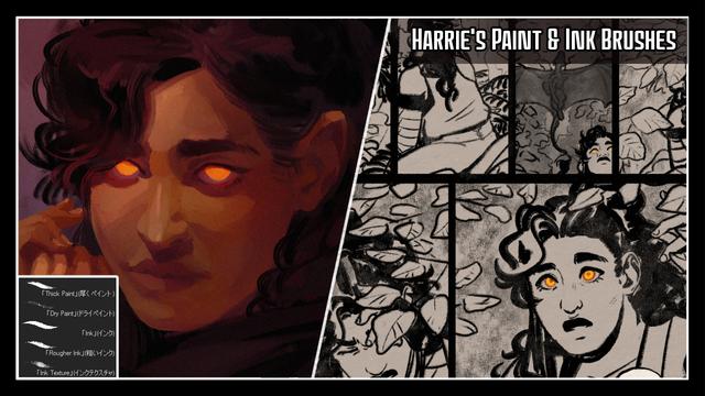 image showcasing 5 brushes, the left image showing them used for a painting, the right for linework