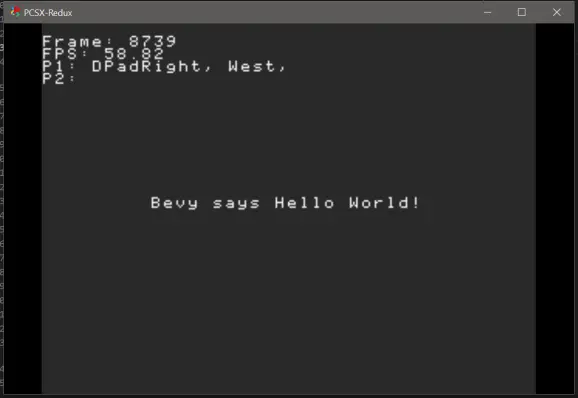 "Bevy says Hello World" text with displayed debug info inside an emulator
