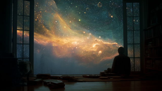 Là où les rêves rêvent d’eux-mêmes.
Silhouette contemplant une nébuleuse à travers une fenêtre ouverte, entourée de livres, dans une pièce silencieuse.
Silhouette gazing at a nebula through an open window, surrounded by books in a quiet room.