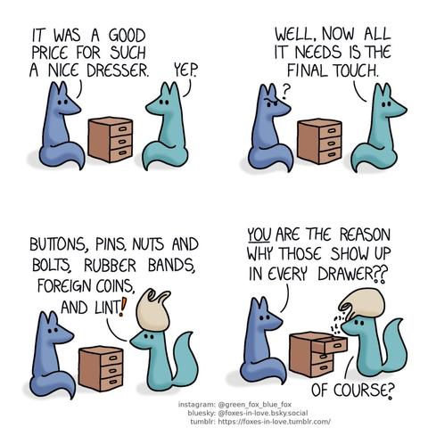 A comic of two foxes, one of whom is blue, the other is green. In this one, Blue and Green are admiring a small wooden dresser they bought. Blue: It was a good price for such a nice dresser. Green: Yep.  Blue looks at Green in confusion as Green turns around to go get something. Green: Well, now all it needs is the final touch.  Blue's confusion deepens as Green returns with a large bag. Green: Buttons, pins, nuts and bolts, rubber bands, foreign coins, and lint!  Blue continues to stare at Green, utterly baffled, as Green looks up at him while casually pouring the bag's contents into the drawers. Blue: You are the reason why those show up in every drawer? Green: Of course?