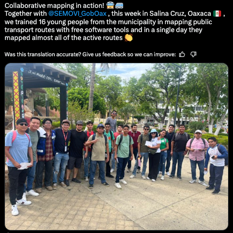 Social post in Spanish about a Trufi-led mapping workshop in Salina Cruz, Oaxaca, where 16 youth mapped nearly all local public transport routes in one day using free software.