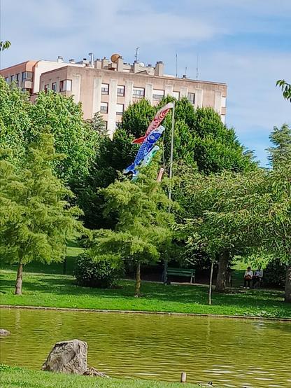 Estanque de un parque con unas banderolas japonesas en forma de pez de fondo.