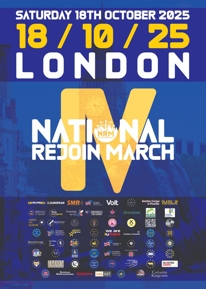 The image is a promotional poster for the "National Rejoin March" event scheduled for Saturday, 18th October 2025, in London. The background features a blue color scheme with a faint silhouette of Big Ben and other London landmarks. The date is prominently displayed in large yellow and white text, followed by the location "LONDON" in bold white letters. The event title "NATIONAL REJOIN MARCH" is centered in large white letters, with a yellow "V" in the middle. Below the title, there is a collection of logos representing various organizations and groups, including "UKREJOIN," "Stay European," "Scientists for EU," and "Another Europe is Possible," among others. The logos are arranged in a grid pattern, with some featuring the European Union flag. The bottom of the poster includes additional text such as "Volt," "Glasgow for Europe," and "Just VAT," along with a QR code. The overall design is clean and informative, with a focus on the event's theme and the participating organizations.