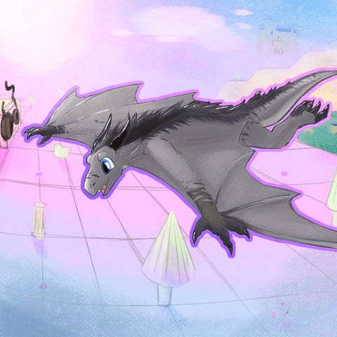 a coloured drawing of a grey wyvern with dark grey stripes soaring through a vaporwave (maybe webcore too?) grid space, a pink setting sun in the background
