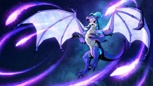 Digital art of a blue dragon with crystal horns and glowing runes on his neck, upper arms, and thighs. He is in mid-air, wings spread and glowing with glittering magic energy, shooting a barrage of arcane missiles from them. His mouth is open in a snarl, throat also glowing with pent-up magic. A starry night sky backs him, a distant Highmountain peak visible in the background.