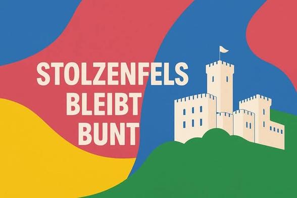 Silhouette des Schlosses Stolzenfels eingebettet in verschiedenen Farben mit dem Schriftzug "Stolzenfels bleibt bunt"