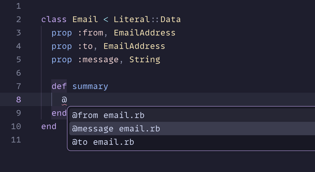 Screenshot of a text editor showing auto-complete for instance variables based on the declared Literal properties.