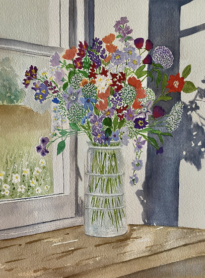 Flowers in glass vase on window sill. A floral bouquet bursting with colorful blooms in a glass vase sits on a well worn wooden window sill. Outside in the distance, the landscape includes trees, bushes and grass. Nearby, white flowers growing by the house can be seen through the large paned window. Sunlight streaming into the room creates an interesting shadow on the far right wall in the painting. Pretty, country-feel, vertical still life.