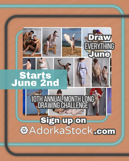 Majority orange graphic that has multiple photos of people in various poses. Text over top reads "draw everything June, starts June 2nd, 10th annual month long drawing challenge, sign up on adorkastock.com"