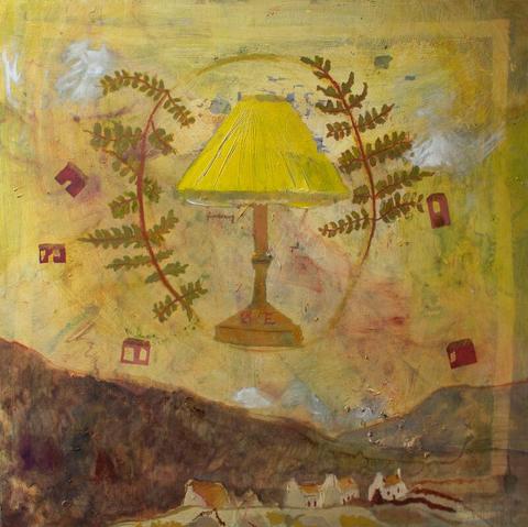 Image: Sarah Long: Motherhood, Birth Control, oil and mixed media on canvas, 80 x 80cm | the underlying imagery is a yellow / brown-tinted traditional landscape with with some traidtional whitewashed cottages with thatched roofs nestling at the base of a hill, with a further hill in the background; the sky is a palimpsest-like yellow; superimposed on it are some rectangular-ish shapes in maroon, smallish; and two sprigs of fern that surround, much like laurels might have if a hero or heoine were being depicted, a table lamp with a bright yellow lampshade and a slightly ornate base and column; on the base are some characters in red, maybe ‘B’ or ‘3’ and ’E’ • “The exhibition ‘Aisling Is a Dream’ features a selection of new and reimagined works. The title refers to an existing group of seven paintings that respond to different aislings. Aisling is the Irish term for ‘dream’ or ‘vision’. It is also the name of a poetic genre where the Irish nation appears to the poet as a woman…”