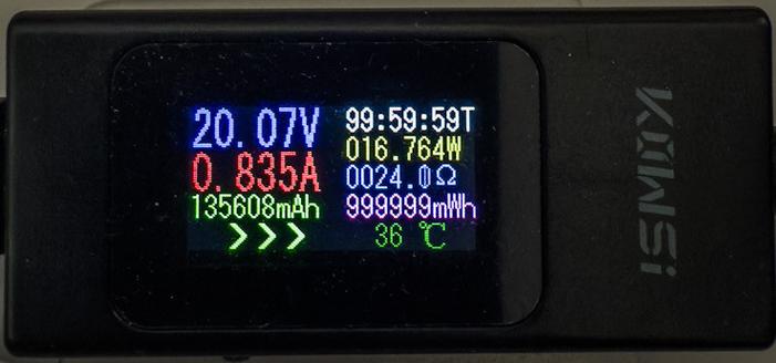 Output of a colored power-meter. It displays 20.07V, 0.835A, 016.764W and a few other informations.