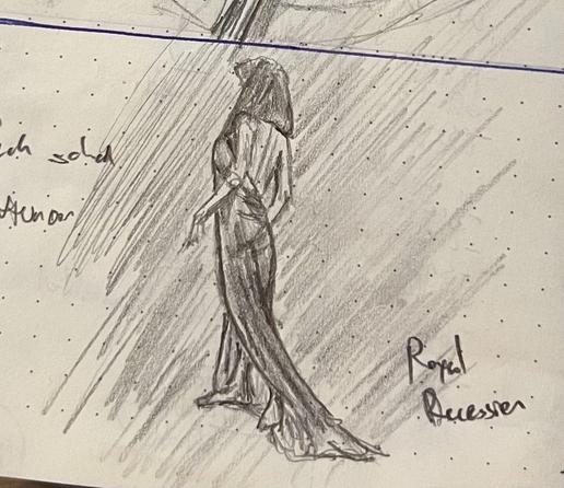 A pencil sketch of a shrouded woman gracefully receeding.