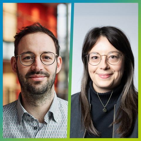Porträtfoto im geteilten Bildformat: Links Dr. Daniel Gerber mit Brille, Bart und gemustertem Hemd, im Hintergrund ein unscharfer Innenraum mit warmen Farben. Rechts Lisa Seifert mit Brille, langen braunen Haaren, schwarzem Rollkragenpullover und Halskette, vor einem hellgrauen Hintergrund. Beide Personen lächeln freundlich in die Kamera. Ein farbiger Rahmen umgibt das Bild.