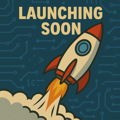 A text block with the words "Launching Soon" and a cartoon-style rocket that is launching into space.