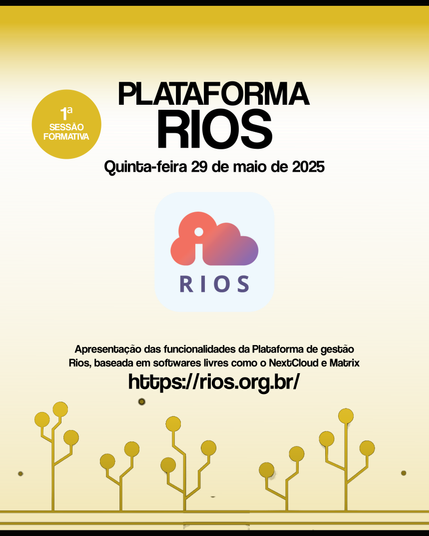 Card em tons de amarelo transparente, com barra mais escura na mesma cor na parte superior. Na parte superior, os dizeres Plataforma Rios de preto, Quinta-Feira 29 de maio de 2025. Ao centro a logomarca do Rios um desenho que remete a uma nuvem, nas cores rosa e roxo. Mais abaixo "Apresentação das funcionalidades da plataforma de gestão Rios, baseada em softwares livres como NextCloud e Matrix", logo abaixo, o endereço do site do Rios https://rios.org.br. Na parte inferior, galhos com bolas nas pontas e duas linhas finas, tudo na cor amarela.