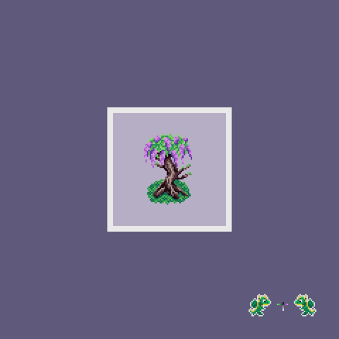 A pixel art wisteria tree within a polaroid frame