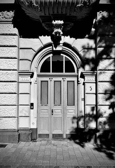 Haustür in einem Gebäude mit Fenstereinsatz, 19. Jahrhundert, Holz, oberer Teil rund als Oberlicht ausgeführt, segmentiert (3), Hausnummer 5, Sandsteingewände