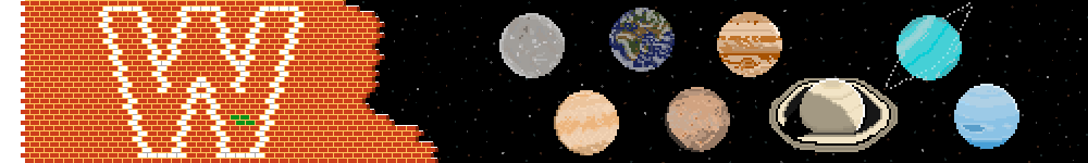 The banner for the project walls. On the right is a brick wall with a W outlined in white bricks, in the bottom right corner are a few green bricks. The wall is broken on the right side, looking out into space with pixel art drawings of each planet.