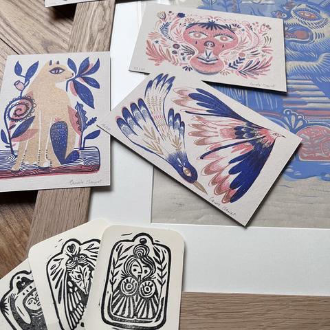 Cartes papeterie en linogravure et risographies