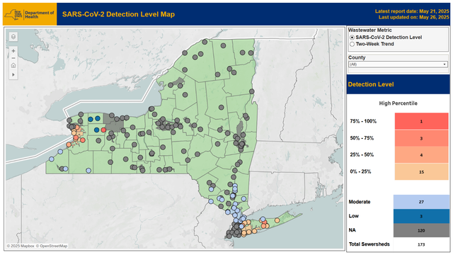NY state map showing instances of COVID infection. The yellow and orange dots at NYC and Long Island are now joined by light blue dots heading north into NY state. The new COVID strain is moving into the USA quickly.