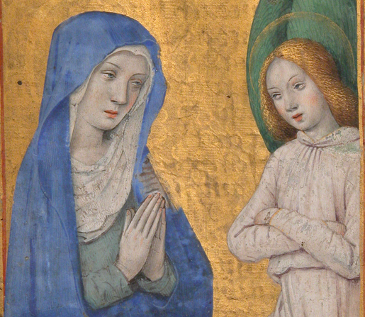 Détail de l'enluminure : sur un fond doré, la Vierge, dont la tête est couverte d'un drapé bleu et d'un voile blanc, la peau très pâle, est tournée vers la droite, les mains jointes en prière, les yeux dans le vague. En face d'elle, un ange aux ailes vertes et à la tunique blanc-rose croise les bras et la regarde.