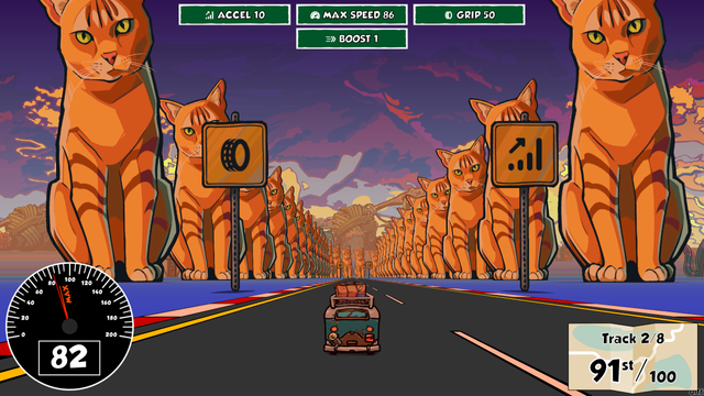 Screenshot showing a car driving down a road lined by giant cats