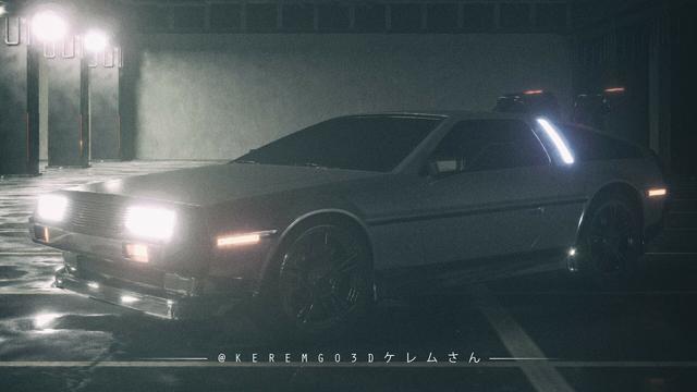 a DeLorean car inspired by the movie Back To The Future in an underground garage with neon lights at night