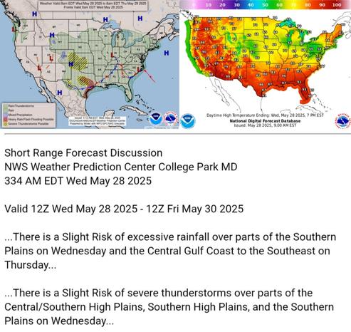 Valid 12Z Wed May 28 2025 - 12Z Fri May 30 2025

...There is a Slight Risk of excessive rainfall over parts of the Southern
Plains on Wednesday and the Central Gulf Coast to the Southeast on
Thursday...

...There is a Slight Risk of severe thunderstorms over parts of the
Central/Southern High Plains, Southern High Plains, and the Southern
Plains on Wednesday...