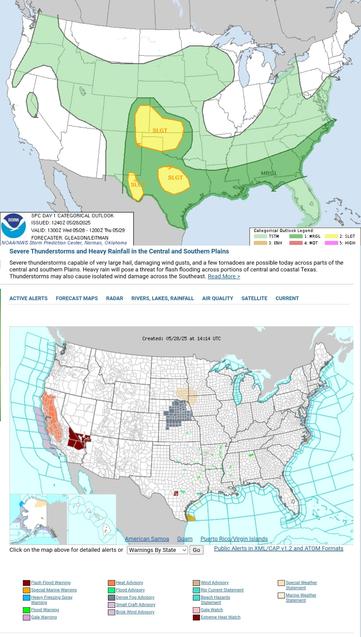 Severe thunderstorms capable of producing large to very large hail, damaging wind gusts, and a few tornadoes should occur today across parts of the southern/central Plains. Isolated wind damage may occur across portions of the Gulf Coast/Southeast. ...Eastern Colorado into Kansas, the Oklahoma/Texas Panhandles, and Western Oklahoma...
#WeatherAwareDay #weather #wx #SPC  #SevereWeather
 
Severe Thunderstorms and Heavy Rainfall in the Central and Southern Plains
Severe thunderstorms capable of very large hail, damaging wind gusts, and a few tornadoes are possible today across parts of the central and southern Plains. Heavy rain will pose a threat for flash flooding across portions of central and coastal Texas. Thunderstorms may also cause isolated wind damage across the Southeast