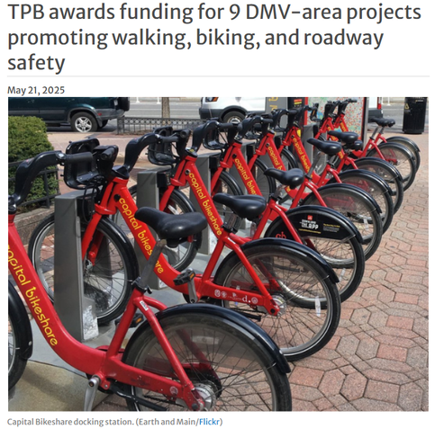tbp awards funding for nine DMV-area projects promoting walking, biking, and roadway safety. image of several capital bikeshare bikes in bike dock.