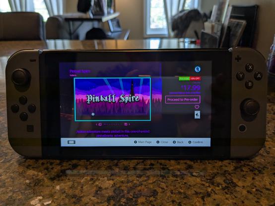 Photo of my Switch showing the store page for Pinball Spire. (Note that price is shown in Canadian dollars! US price is lower.)
