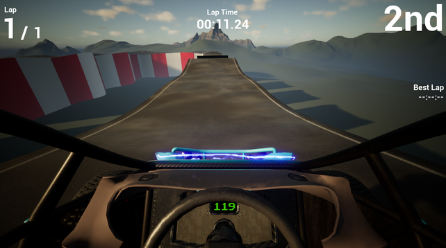 A screenshot from my stunt car racer prototype. It's from the perspective of the driver of a buggy, riding along a raised track. There are some jumps ahead. The speedo reads '119 kmh'. Across the grassy horizon are some hills and mountains, and the sky is mostly blue with just a few wispy clouds up there. The HUD says that this player is in 2nd place, though no opponent is visible up ahead. The lap counter says 1/1 and the current lap time is at 11 seconds 24 millis.