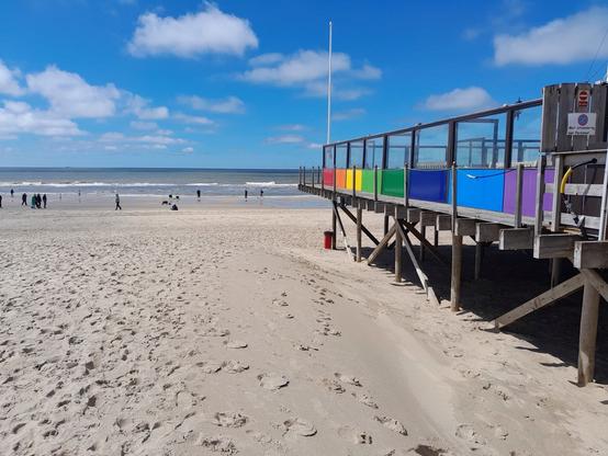 Vom rechten Bildrand bis zur Mitte erstreckt sich die Terrasse eines Strandpavillons, dessen Außenwände in den Regenbogenfarben gestrichen sind. Vom linken Bildrand bis zur Mitte sieht man den Sandstrand mit vielen Fußspuren. In der Bildmitte verläuft die Wasserlinie mit kleinen Schaumkronen, es sind ein paar Menschen zu sehen. Darüber der strahlende hellblaue Himmel mit einzelnen Schönwetter-Wolken.