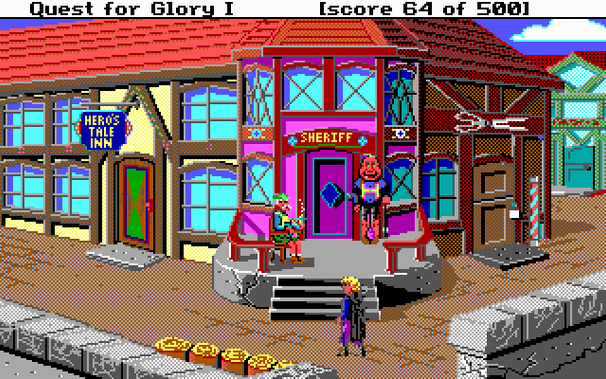 Screenshot from Quest for Glory, a '89 MS-DOS game by Sierra On-Line. The hero is in front of the sheriff's office in an old town, the Hero's Tale Inn on the left, and a barber shop on the right.