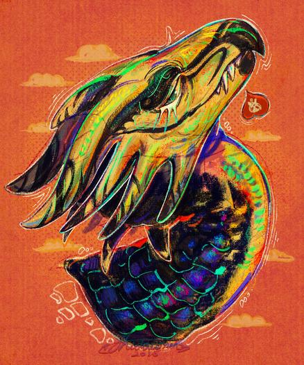 A colorful digital portrait of a yellow and black dragon character.