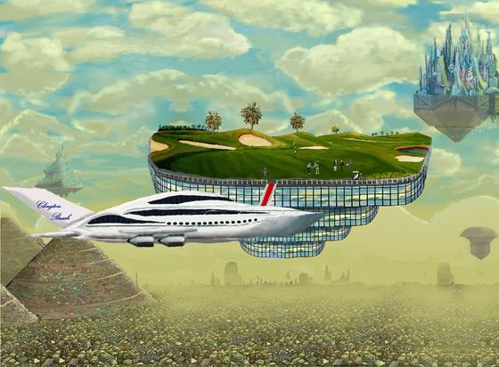 Picture of the video game Neofeud from the Steam Store: What looks like a boat/plane hybrid flies over and endless sea of little houses. There's a flying isle with grass and palms which could be a golf course. In the background there's another flying island with skyscrapers.
