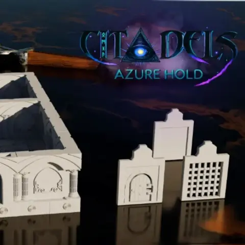 A set of modular dungeon tiles is displayed, featuring intricately designed pieces in a non-PVC material, showcasing a combination of walls and structures. The tiles include a larger piece with arched doorways and decorative elements, alongside smaller components such as a door and various wall sections. The background features the text "CITADELS AZURE HOLD," set against a dark, atmospheric backdrop.