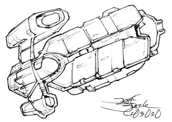 Black and white line art sketch of an imaginative sci fi spaceship. Each one is very different.