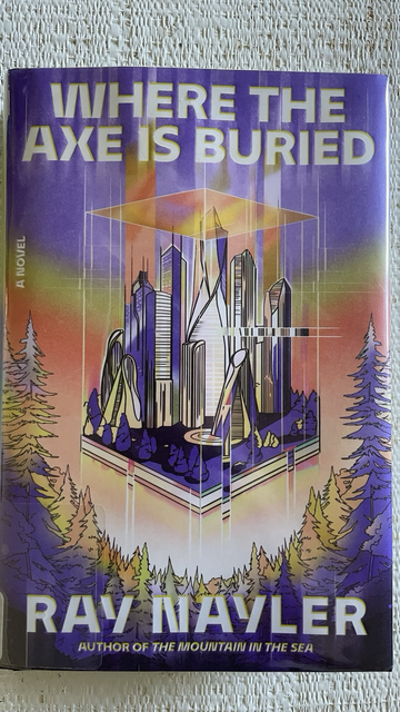Book cover featuring a city in a cube hovering over a forest