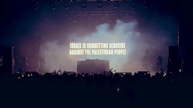 A image taken of an anti-Israeli message posted on stage during a set by Irish band Kneecap during their set at Coachella Music Festival. The message accuses Israel of conducting genocide against the Palestinians of Gaza.