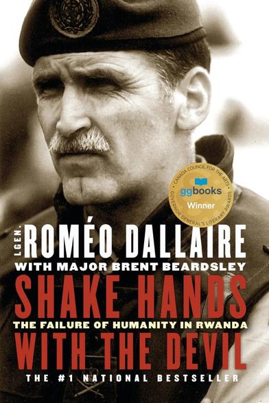 A copy of the front cover of the book called "Shake Hands With the DEvil" by Canadian General Romeo Dallaire. This book chronicles the Rwandan genocide from on the ground in Rwanda by a man who was head of the UN Peacekeeping force stationed there.