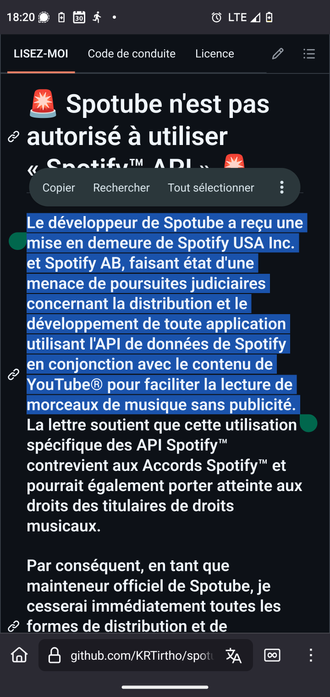 Le développeur de Spotube a reçu une mise en demeure de Spotify USA Inc. et Spotify AB, faisant état d'une menace de poursuites judiciaires concernant la distribution et le développement de toute application utilisant l'API de données de Spotify en conjonction avec le contenu de YouTube® pour faciliter la lecture de morceaux de musique sans publicité.