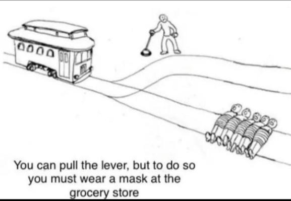 The trolly problem. Five people are tied to the track ahead of the trolly, but the alternate track is clear. A person stands at the switch to divert the trolly. Text reads, "You can pull the lever, but to do so you must wear a mask at the grocery store."