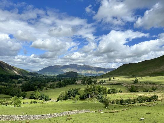 The image depicts a picturesque rural landscape with rolling green hills and a valley. In the foreground, there is a lush green field with scattered trees and a stone wall running horizontally across the scene. The field is dotted with sheep grazing peacefully. The midground features a valley with more trees and a few buildings, suggesting a small settlement. In the background, majestic mountains rise under a partly cloudy sky, with the clouds casting shadows on the hillsides. The sky is a vibrant blue with large, fluffy white clouds, adding to the serene atmosphere of the scene.