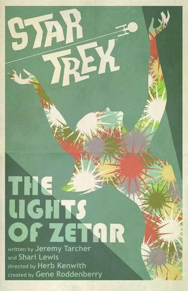A poster for the Star Trek episode The Lights of Zetar, featuring a lime green background with a woman's silhouette over it containing big red, green, and yellow sparks.