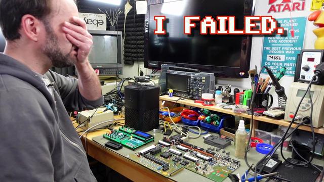Thumbnail for my video. Me facepalming in front of my workbench with an Amiga 500 board and several tools on it. The overlayed text reads: "I FAILED."