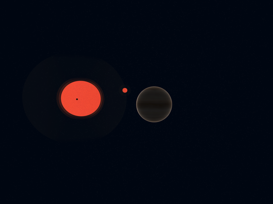 A screenshot of a gas giant against two red giants, with one of it's moons casting a silhouette against the closer, larger star