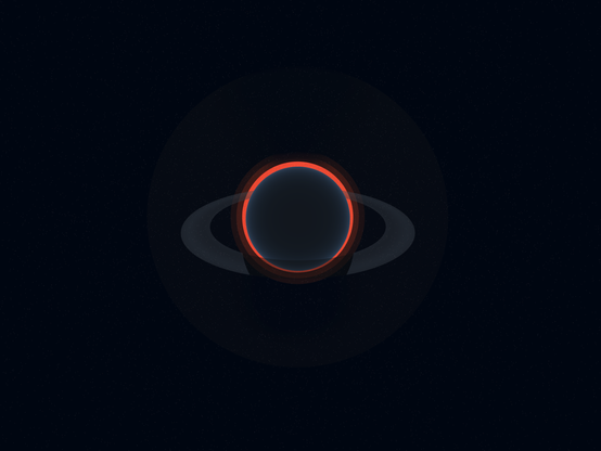 A screenshot of a gas giant with rings mostly eclipsing a red giant star